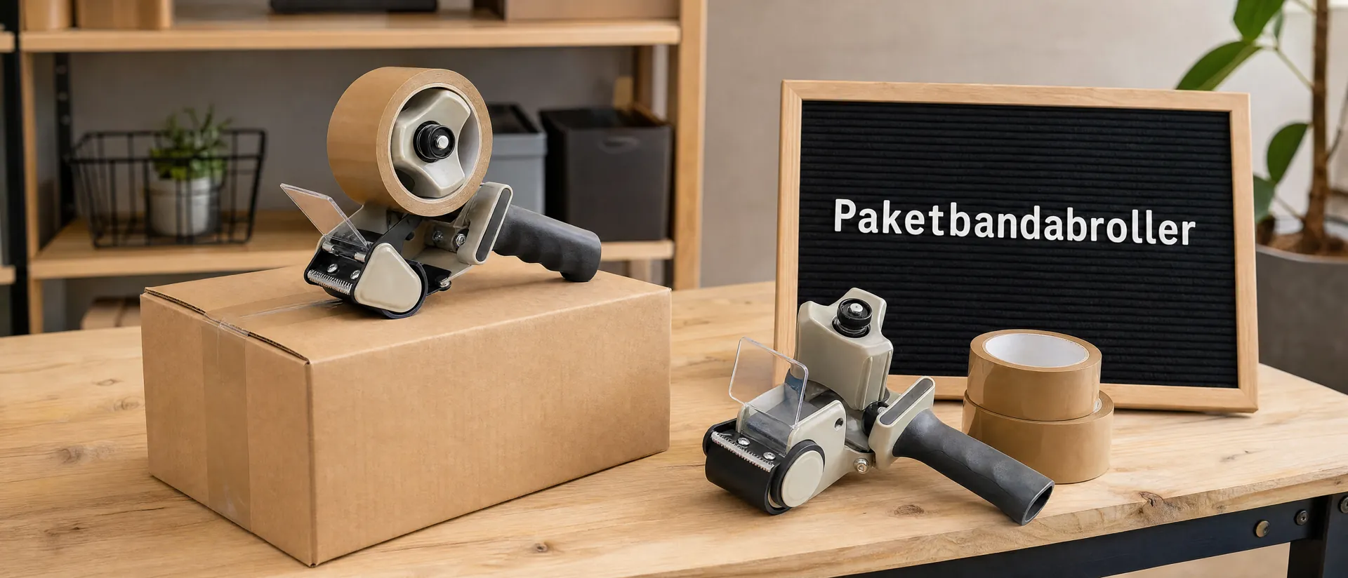 Paketbandabroller – Handabroller mit Paketband beim Verschliessen eines Kartons (KI-generiertes Symbolbild)