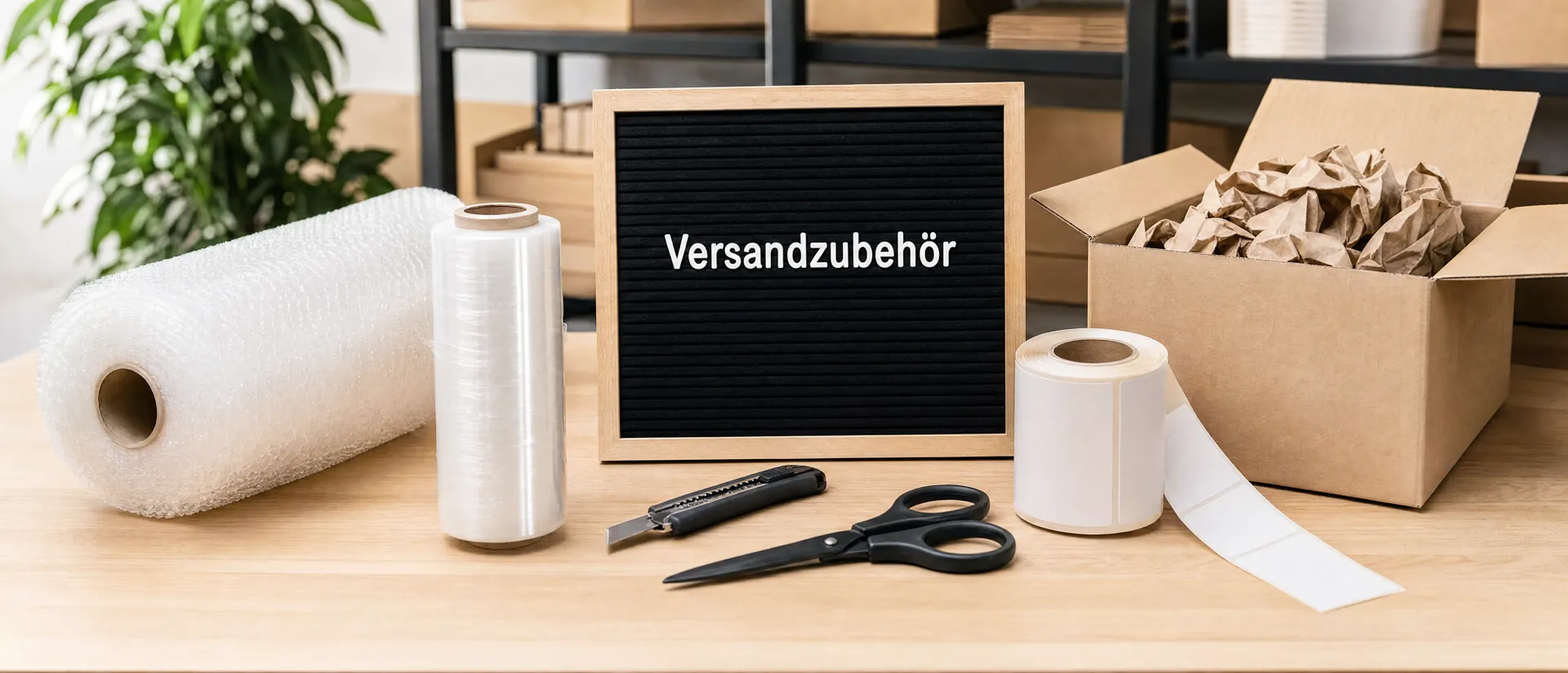 Versandzubehör – Luftpolsterfolie, Stretchfolie, Etiketten und Füllmaterial (KI-generiertes Symbolbild)