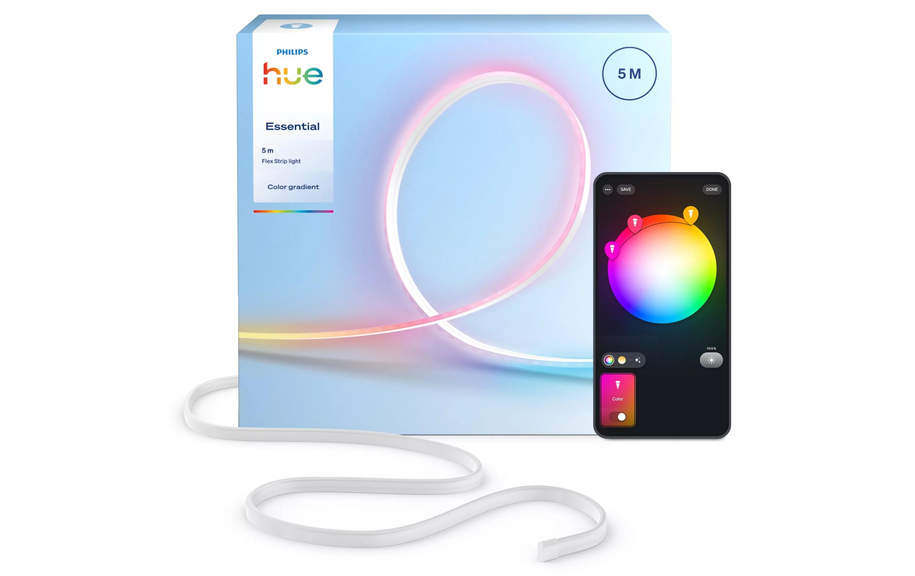 Philips Hue LED-Stripe Essential Flex Gradient Mehrfarbig, 5 m – Smarter LED-Streifen RGBIC mit Netzteil von Philips Hue