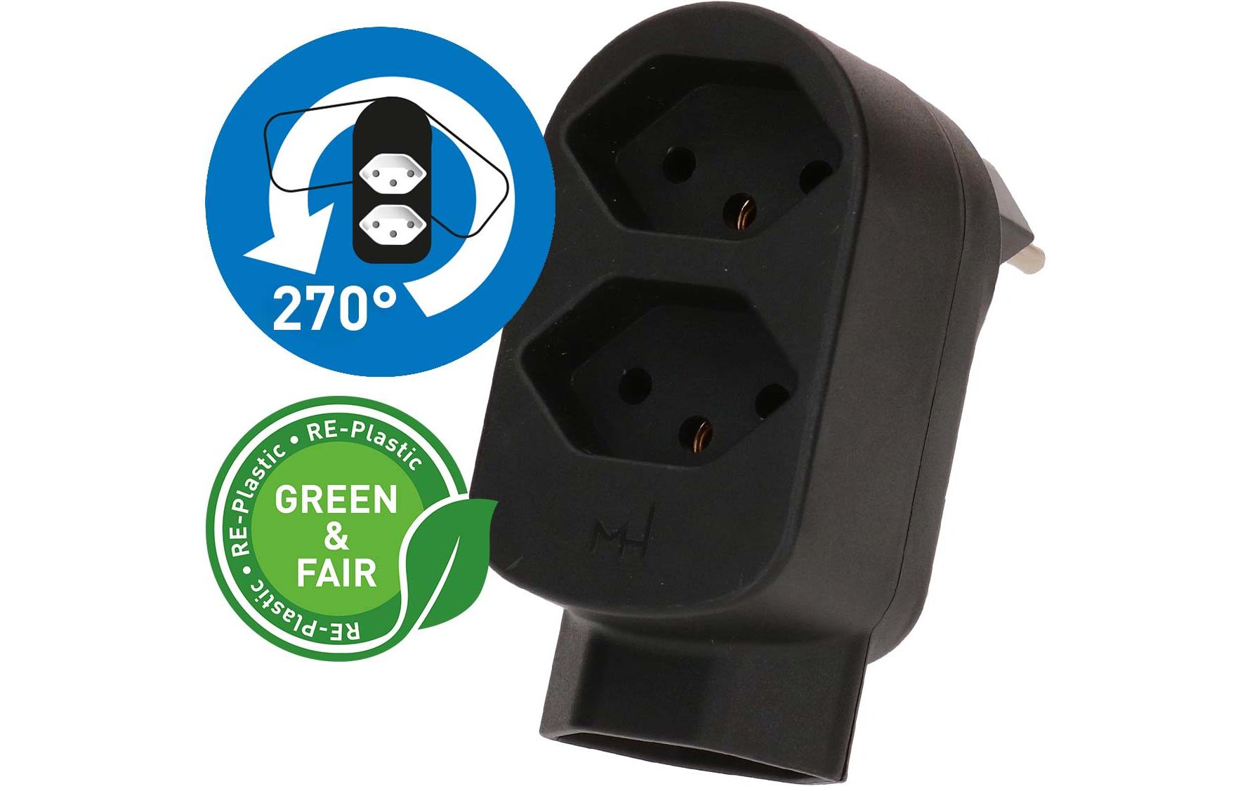 Max Hauri Mehrfachstecker ADAPT 2+1x Typ 13 schwarz drehbar Green+Fair – Mehrfachstecker von Max Hauri