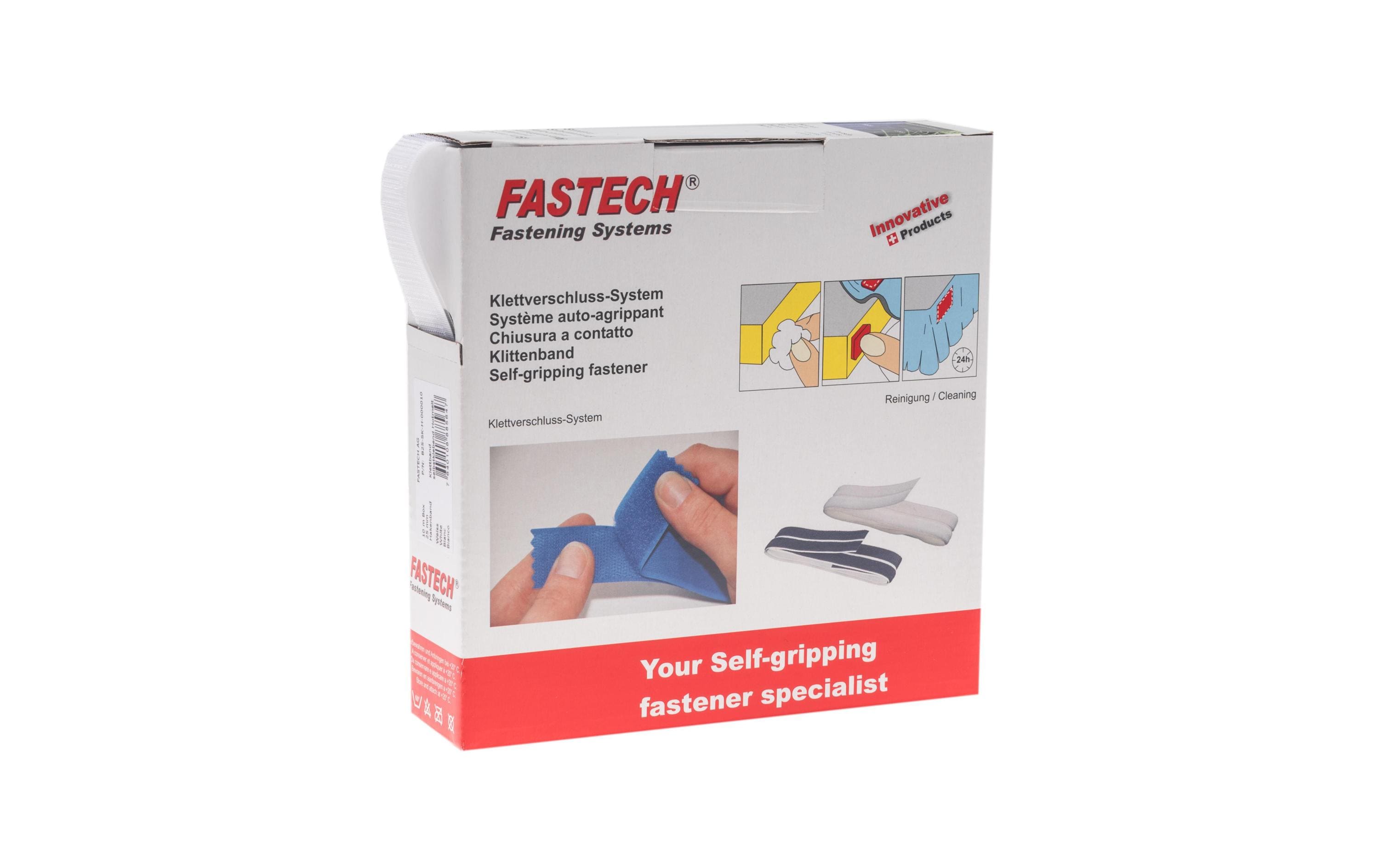 FASTECH Hakenseite Box 25 mm x 10 m selbstklebend, Weiss – Klettband-Rolle von FASTECH
