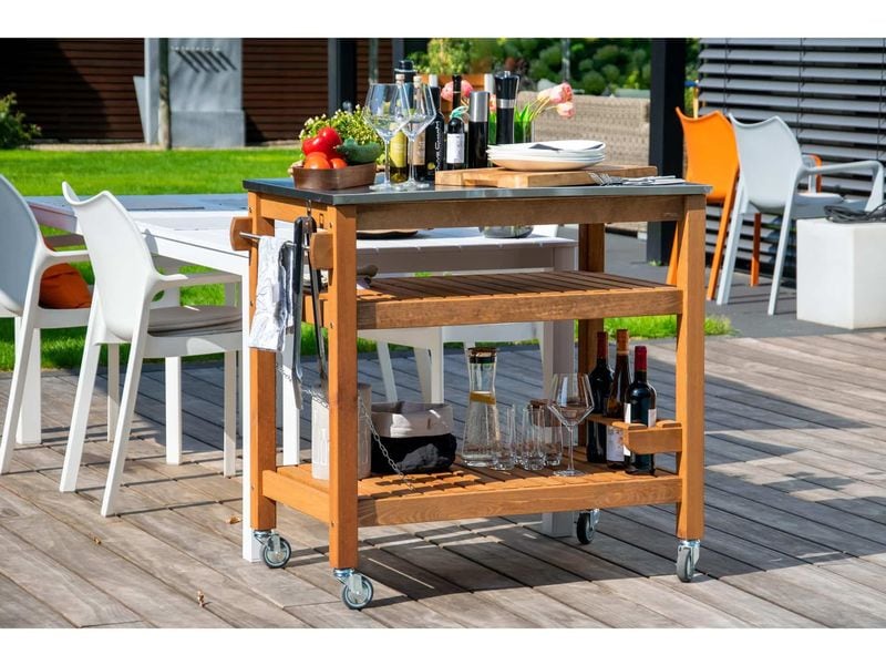 Beistellwagen aus Holz mit Edelstahlplatte