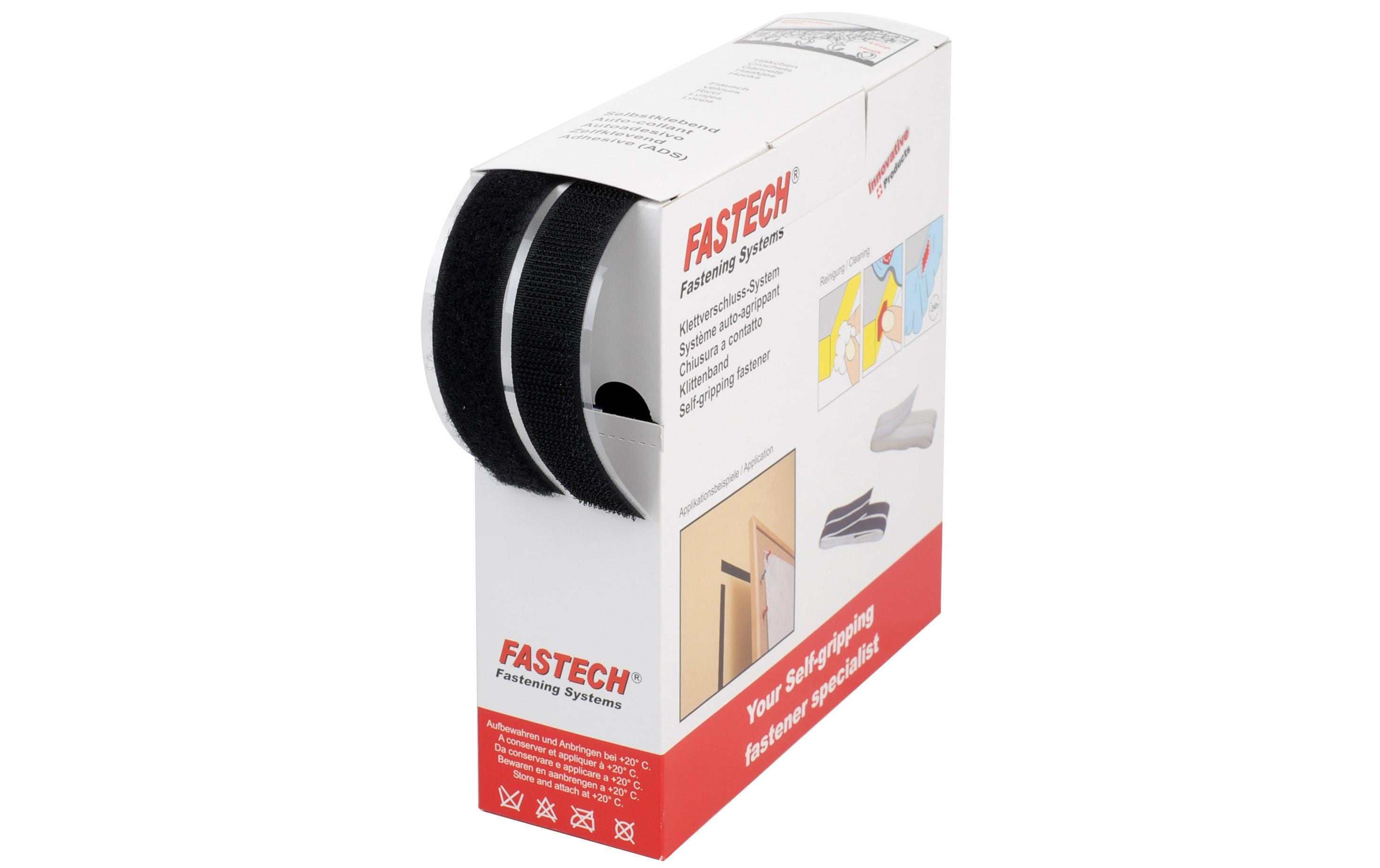 FASTECH Klettband-Box 20 mm x 10 m selbstklebend, Schwarz – Klettband-Rolle von FASTECH