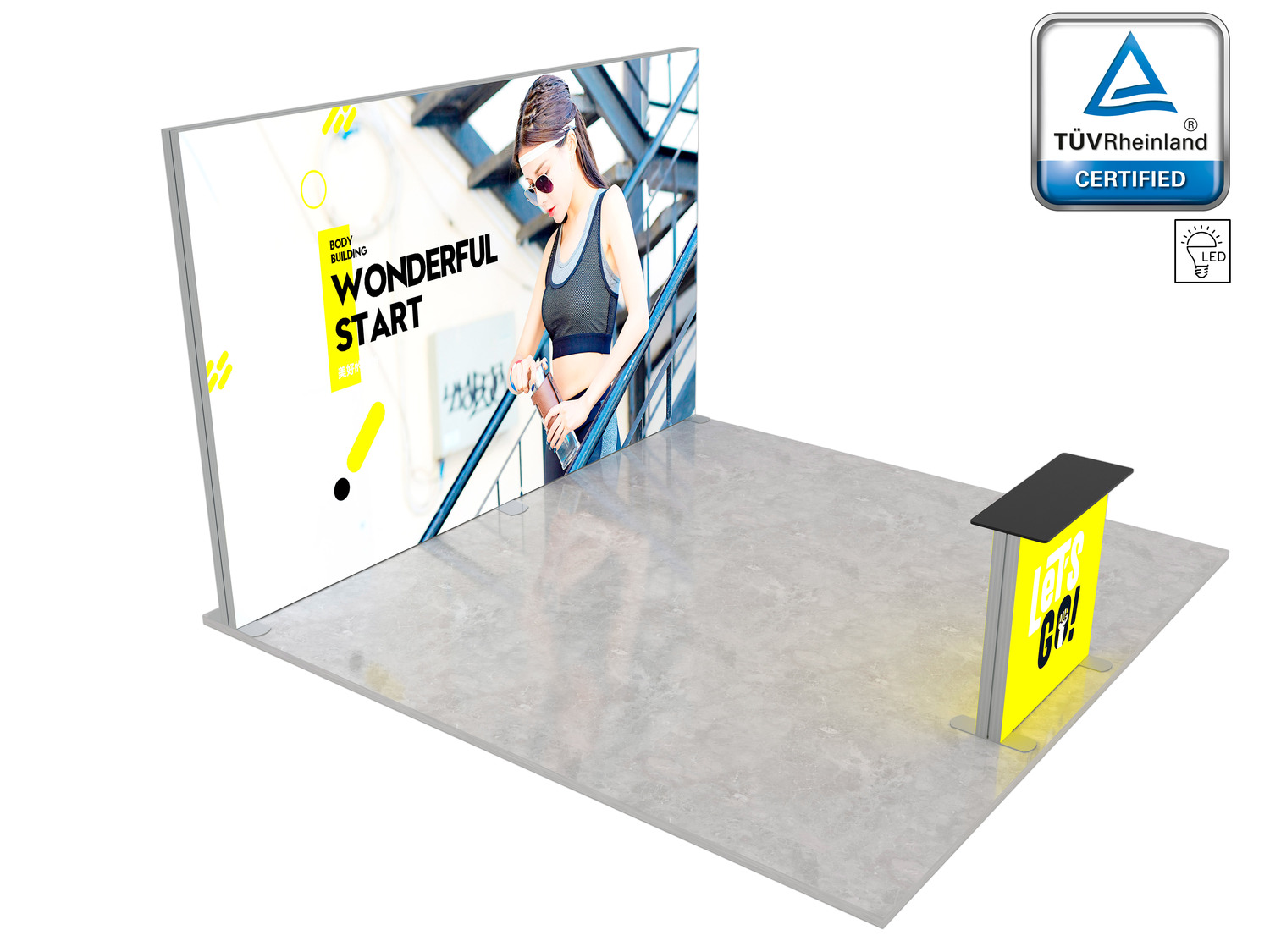 LUMIX Messestand 16 m² Halbinselstand mit individuell bedruckter Textilgrafik