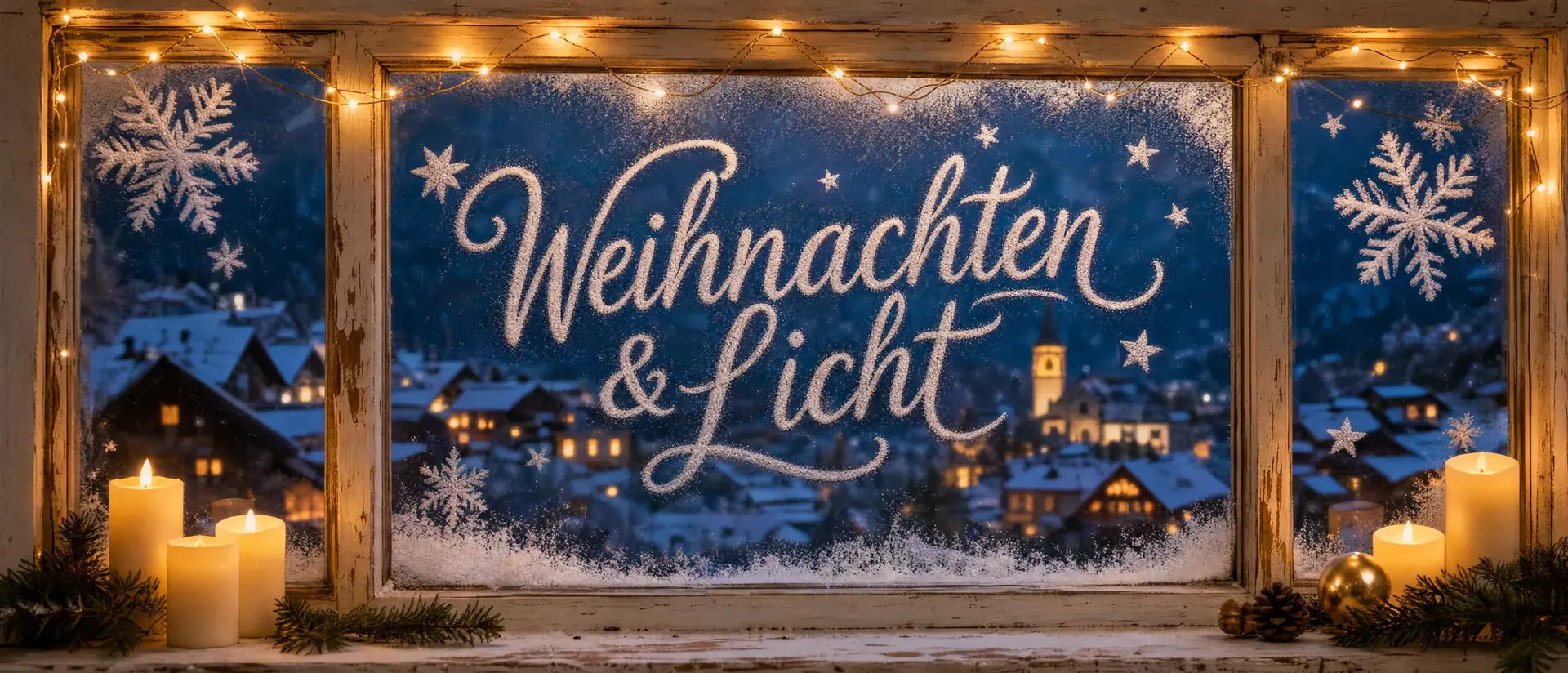 Weihnachten & Licht – weihnachtlich dekoriertes Banner mit Lichterketten und Kerzen