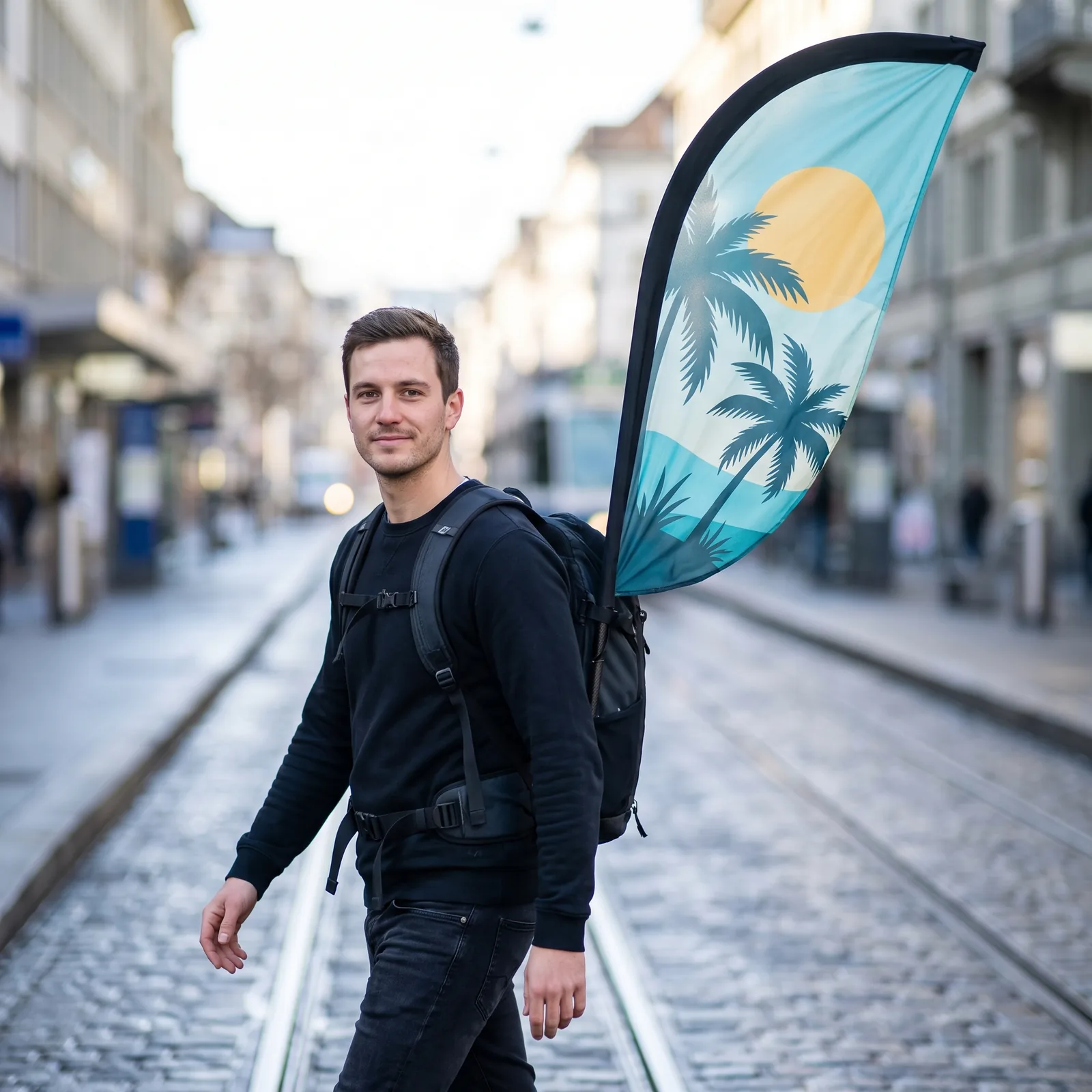 Rucksackfahne als mobile Werbung in der Stadt getragen – Chill & Easy