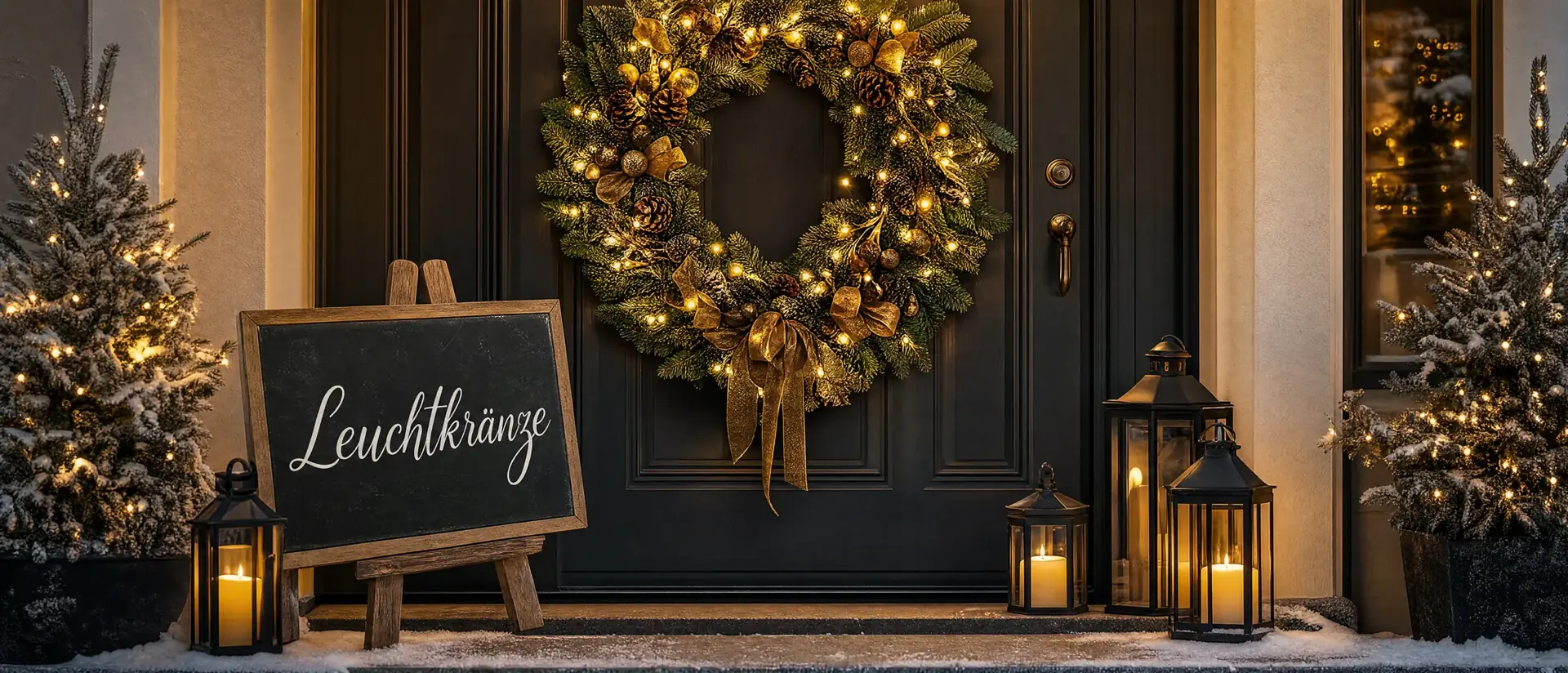 Leuchtkränze – weihnachtlich dekoriertes Banner mit Lichterketten und Kerzen