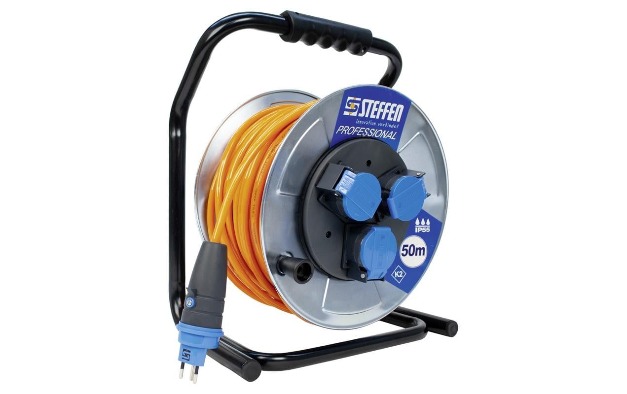 STEFFEN Kabelrolle Professional 50 m 3x T13, IP55, Silber – Kabelrolle von STEFFEN