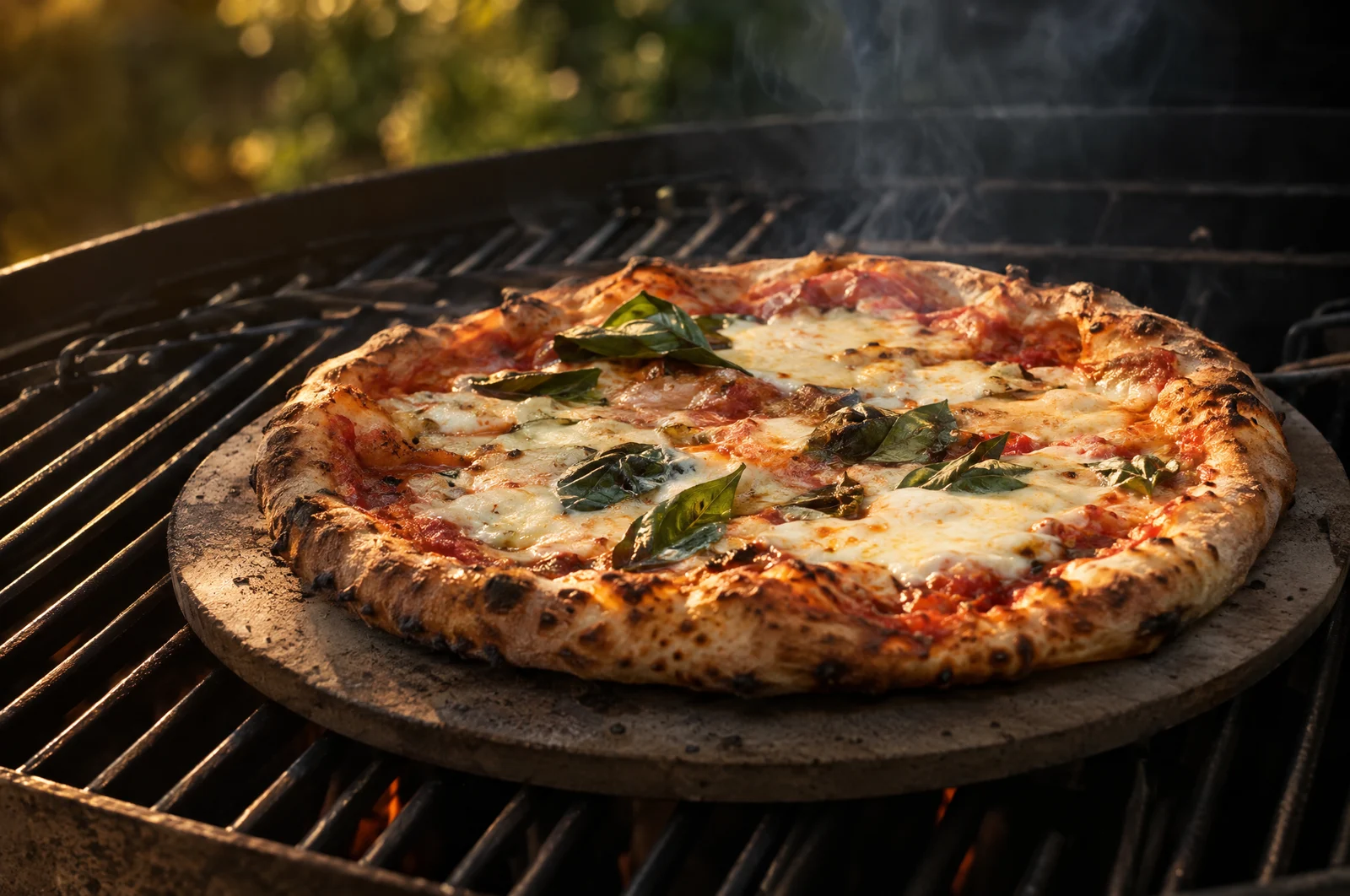 Pizza auf dem Pizzastein auf dem Grill