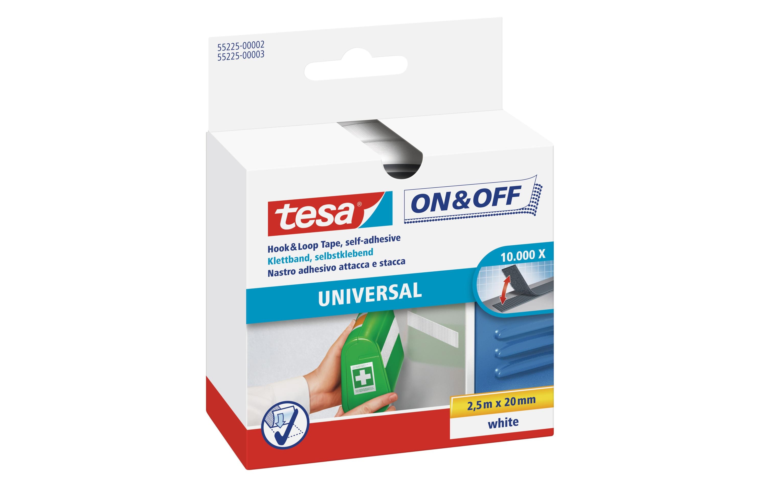 tesa Klettband-Rolle On & Off 20 mm x 2.5 m, Weiss – Klettband-Rolle von tesa