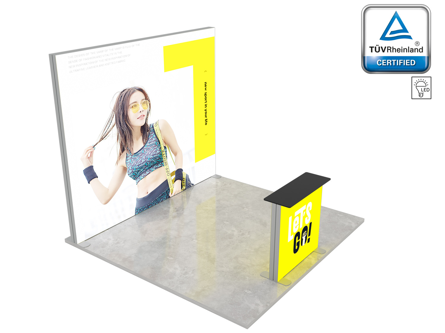 LUMIX Messestand 9 m² Halbinselstand mit individuell bedruckter Textilgrafik