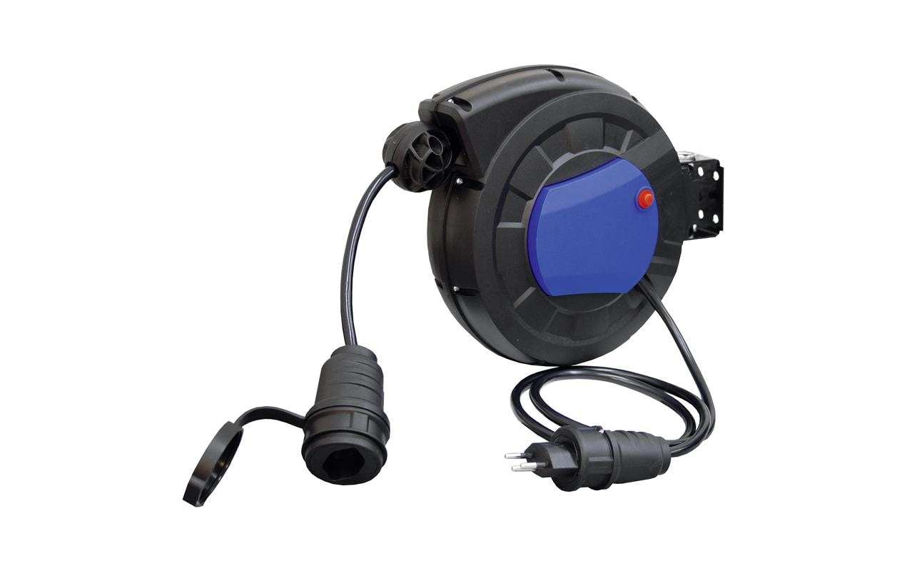 STEFFEN Kabelrückzugsrolle 5 m, mit Stecker T12 1m sw/bl – Kabelrolle von STEFFEN