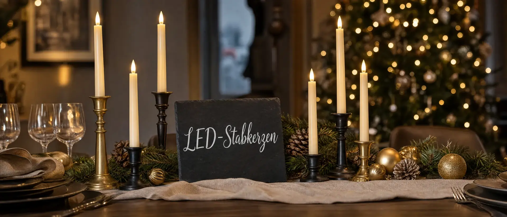 LED-Stabkerzen – weihnachtlich dekoriertes Banner mit Lichterketten und Kerzen