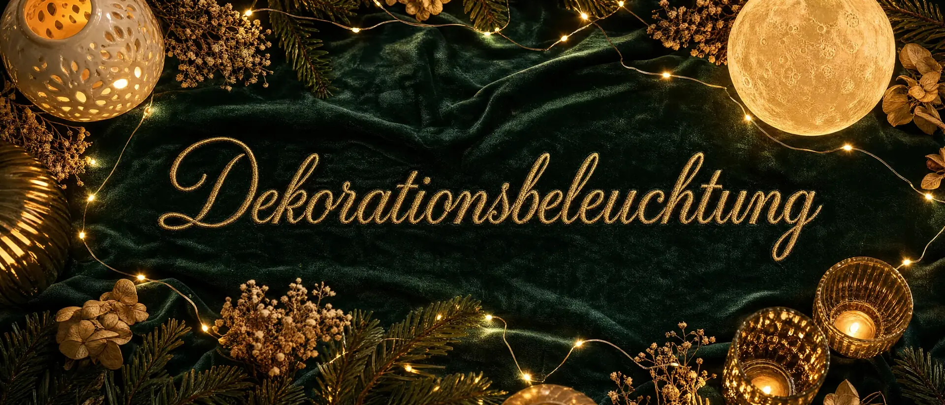 Dekorationsbeleuchtung – weihnachtlich dekoriertes Banner mit Lichterketten und Kerzen