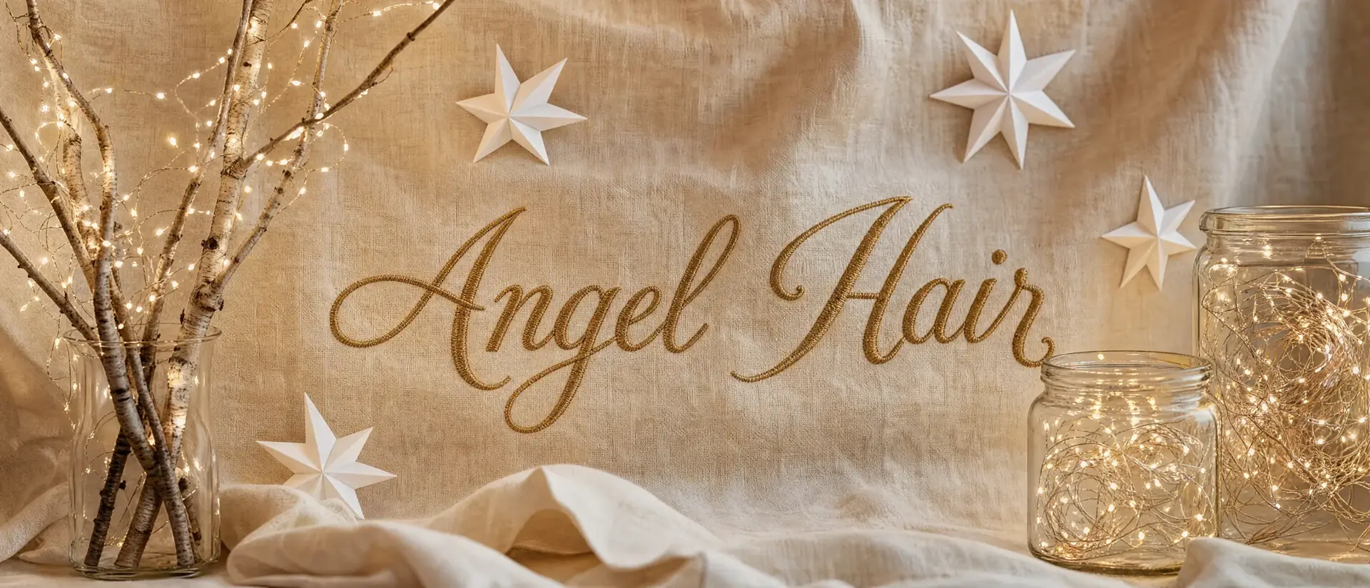 Angel Hair – weihnachtlich dekoriertes Banner mit Lichterketten und Kerzen