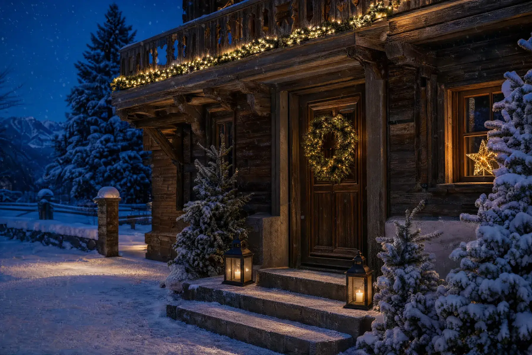 Chalet-Eingang im Schnee mit beleuchtetem Kranz, Lichterkette am Balkon und LED-Laternen