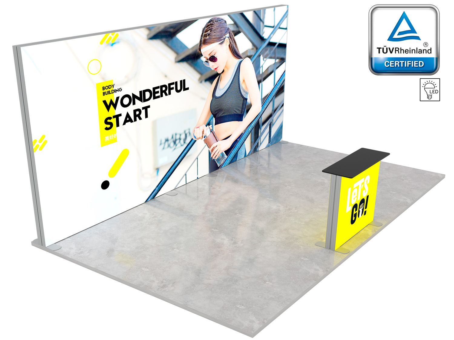 LUMIX Messestand 24 m² Halbinselstand mit Theke mit individuell bedruckter Textilgrafik