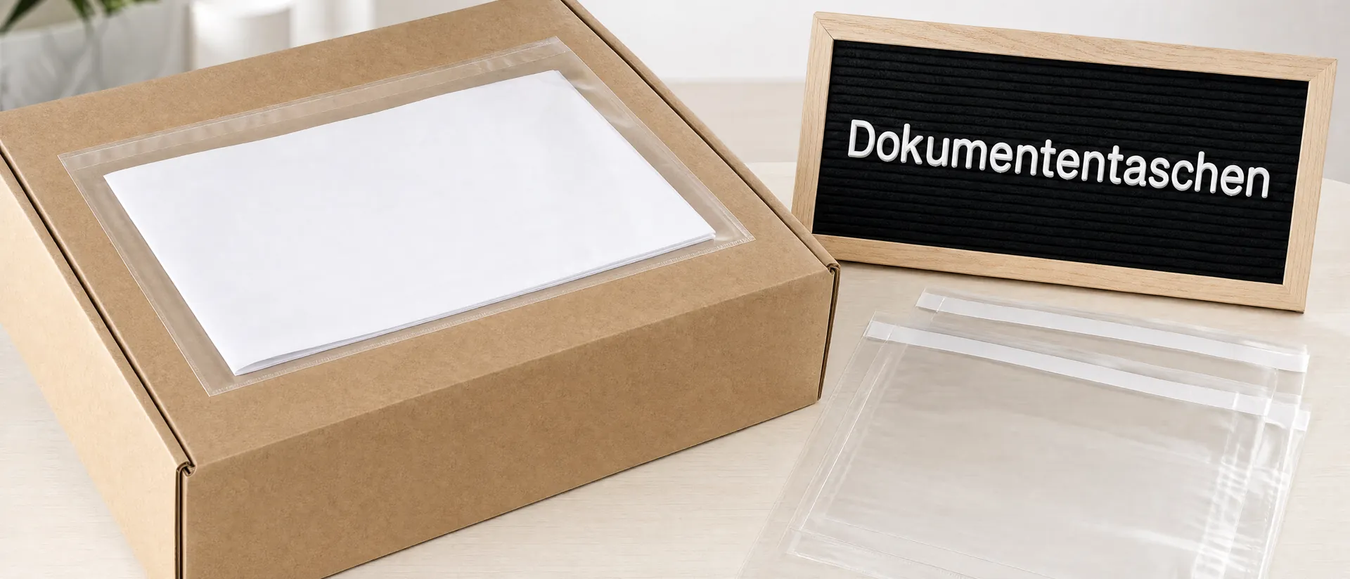 Dokumententaschen – transparente Dokumententasche mit Lieferschein auf einem Paket (KI-generiertes Symbolbild)