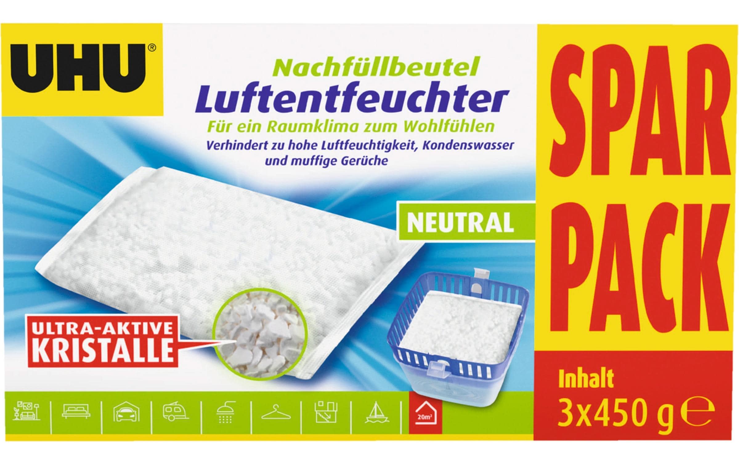 UHU Nachfüllbeutel 3 × 450 g Granulat für Luftentfeuchter