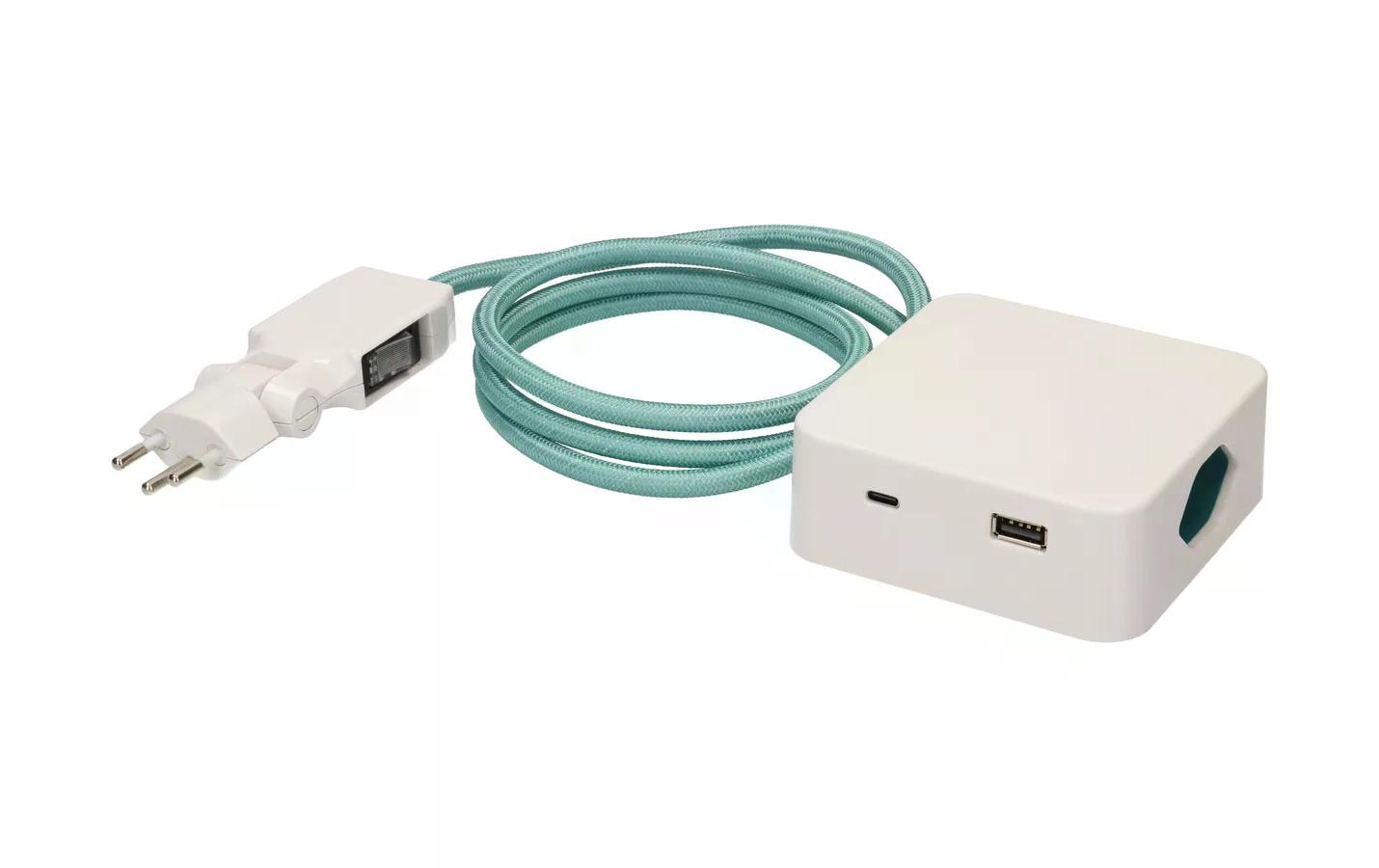 maxTex Steckdosenleiste Cube 3x T13, USB A/C, Weiss/Türkis – Steckerleiste von maxTex