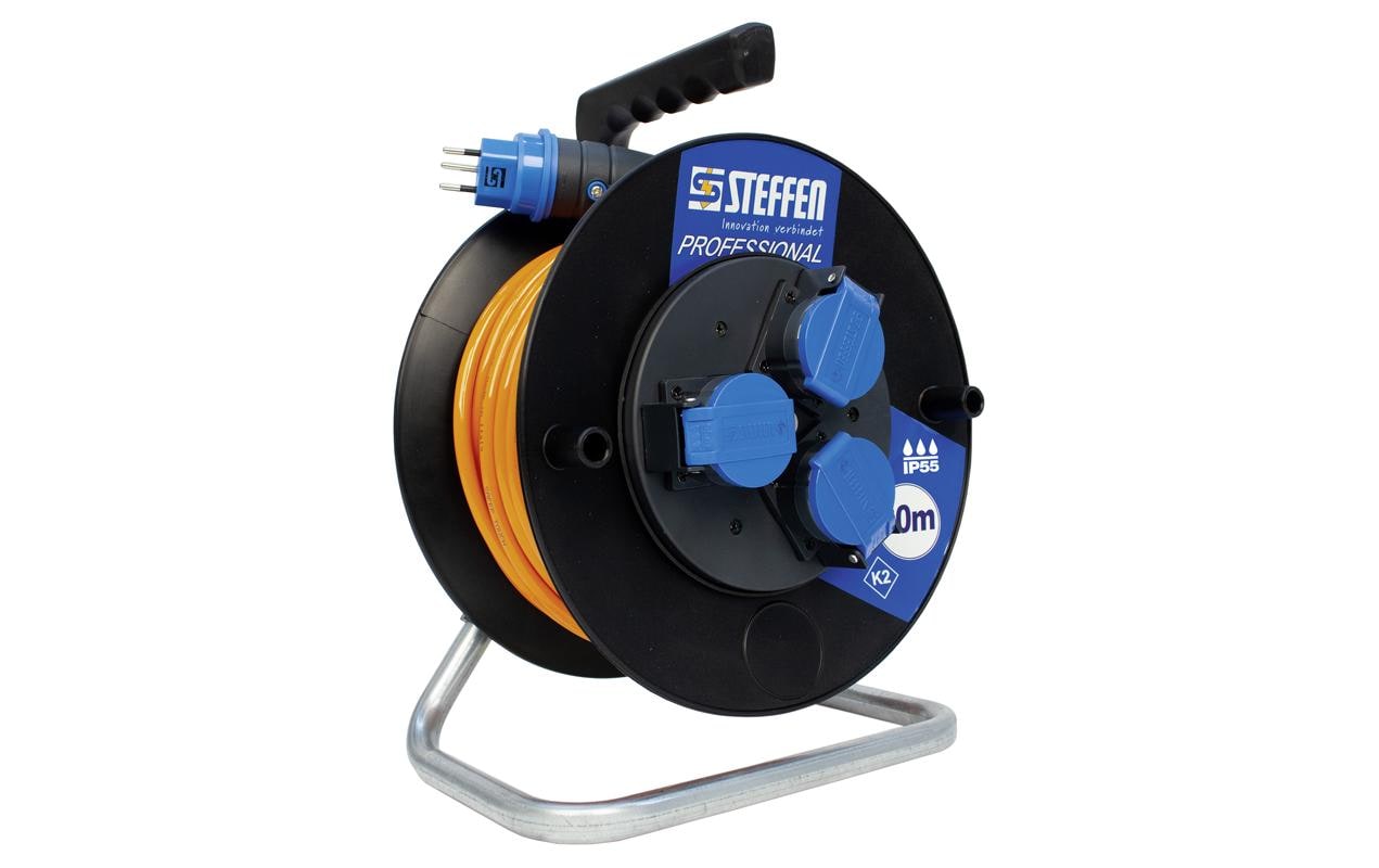 STEFFEN Kabelrolle Professional 30 m 3x T13, IP55, Schwarz – Kabelrolle von STEFFEN